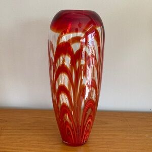 14" Waterford Style Evolution Red/Amber Ginger Feather Swirl Vase